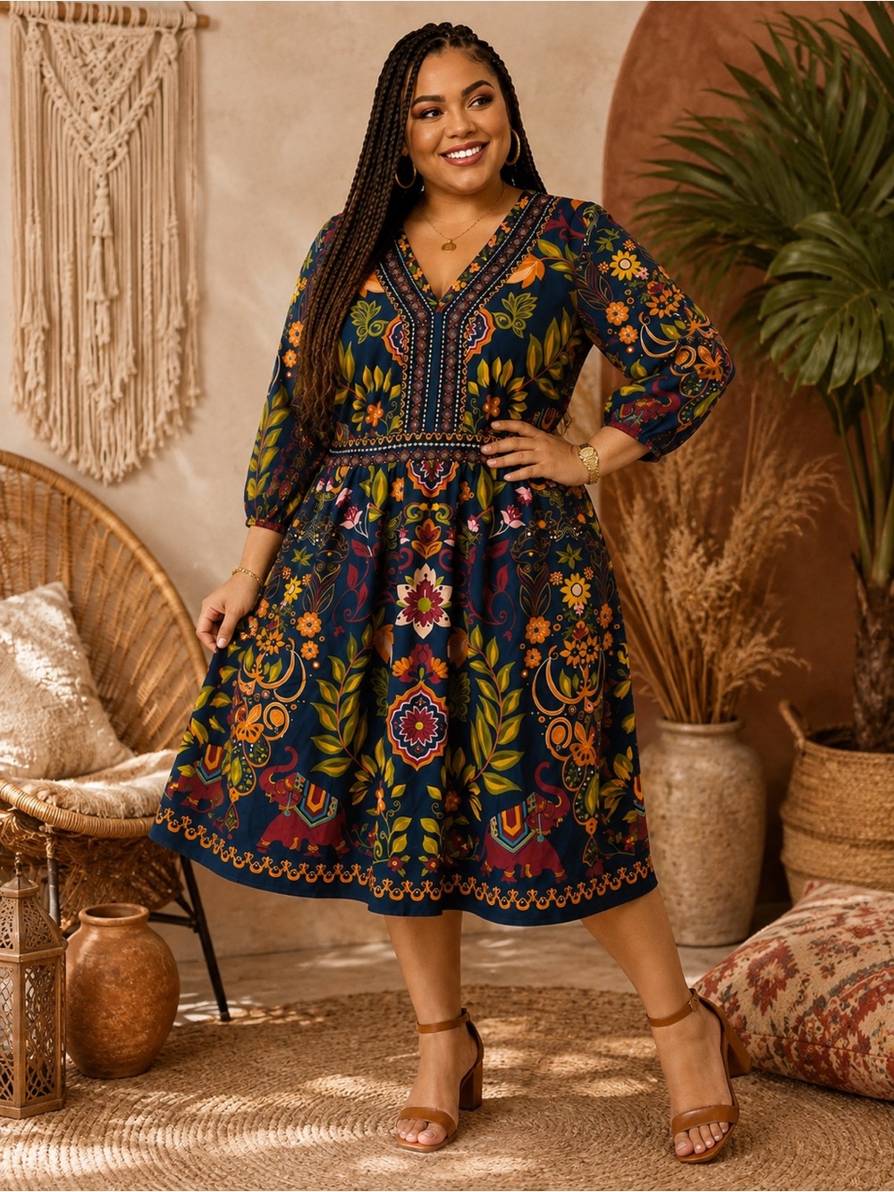 BloomChic Navy Floral Folk-Print V-Neck Midi Dress